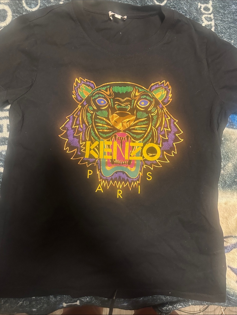 Kenzo Black Tee with Multicolor Embroidered Tiger